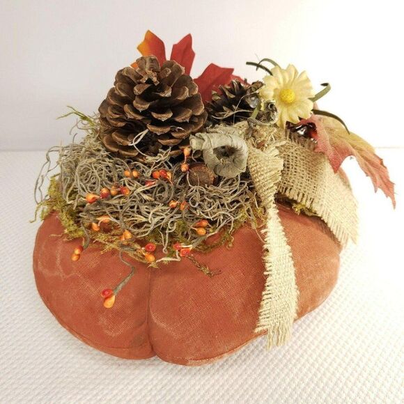 Primitive Artist Made Grungy Pumpkin Fall Harvest Pinecone Centerpiece Decor - Picture 3 of 5